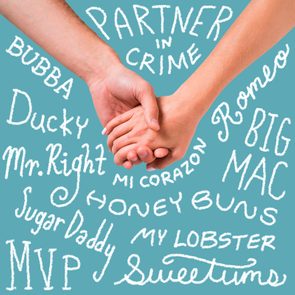 Two hands hold each other on blue background with various affectionate nicknames like 