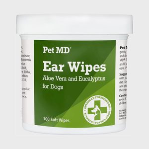 Container holds Pet MD ear wipes; labeled for dogs, with aloe vera and eucalyptus, surrounded by informative text. Contains 100 soft wipes.