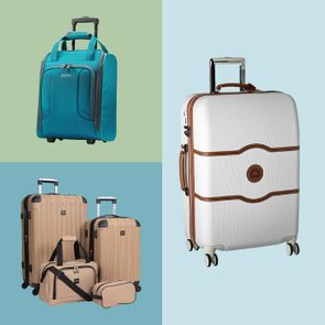 Various luggage pieces are displayed; turquoise, beige, and white suitcases with wheels and handles, set against colored backgrounds.