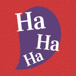 Text â€œHa Ha Haâ€ overlaps a purple speech bubble against a red background with white dots.