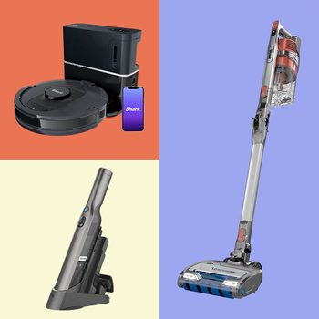 Robotic vacuum cleans near docking station, handheld vacuum rests in charger, and upright vacuum stands upright against colorful backgrounds.