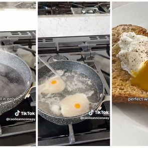Pan boils water on stove, eggs poached in simmering water, poached egg on toast with runny yolk, text: 