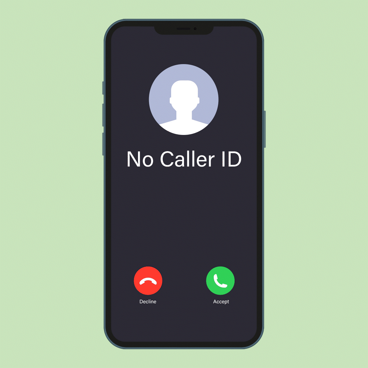 Smartphone displaying an incoming call with "No Caller ID" and options to decline or accept, set against a light green background.