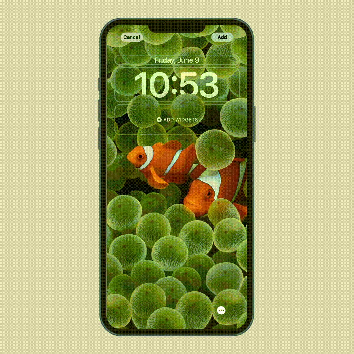 Smartphone displays fish wallpaper; time shows 10:53, date Friday, June 9. Text options include 