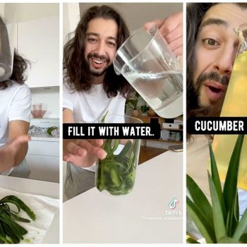A person prepares cucumber water in a kitchen, filling a glass with water and cucumber peels. Text: "FILL IT WITH WATER," "CUCUMBER WATER."