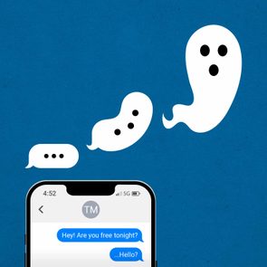 Smartphone screen shows unanswered messages while speech bubbles transform into ghost shapes against a blue background.