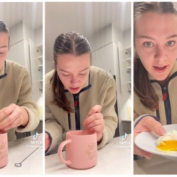 Person cracks egg into mug, stirs with metal utensil; final image shows poached egg on plate in a kitchen.
