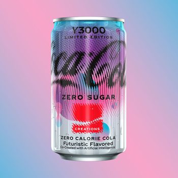 A soda can in vibrant gradient colors displays "Y3000 Limited Edition Zero Sugar" against a pink-blue background.