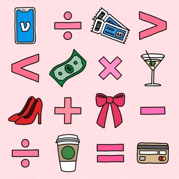 Illustrations and symbols like a phone, tickets, cash, and calculator, arranged with mathematical symbols on a pink background.