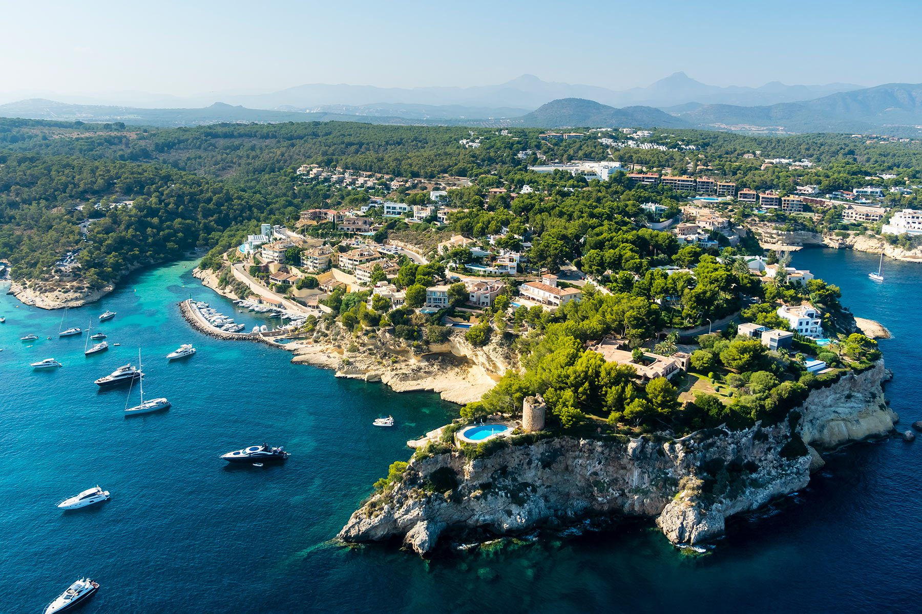 Spain, Mallorca, Palma de Mallorca, Aerial view, El Toro, Villas and yachts near Portals Vells