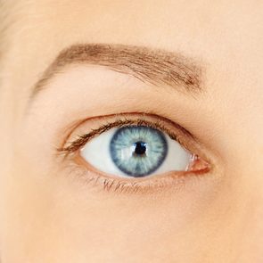 A blue eye gazes forward, surrounded by smooth skin and a well-defined eyebrow in a close-up view.