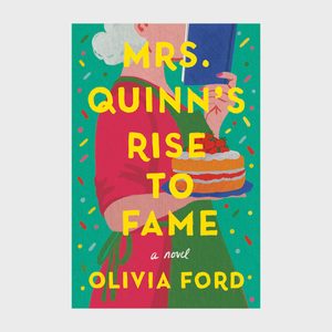 Woman holds cake and book; vibrant confetti surrounds. Text: 