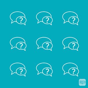 Nine speech bubble icons with question marks arranged in a grid on a teal background.