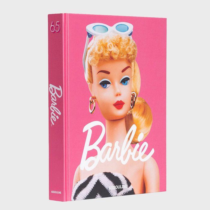 Book features a Barbie doll with retro sunglasses on the cover, set against a pink background. Text reads 