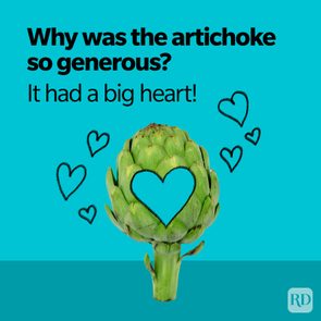Artichoke with heart-shaped cutout, surrounded by drawn hearts, sits against a blue background. Text reads: 
