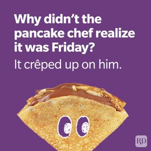 Crepe with chocolate and cartoon eyes rests on purple background. Text asks why the chef didn't realize it was Friday; punchline: 
