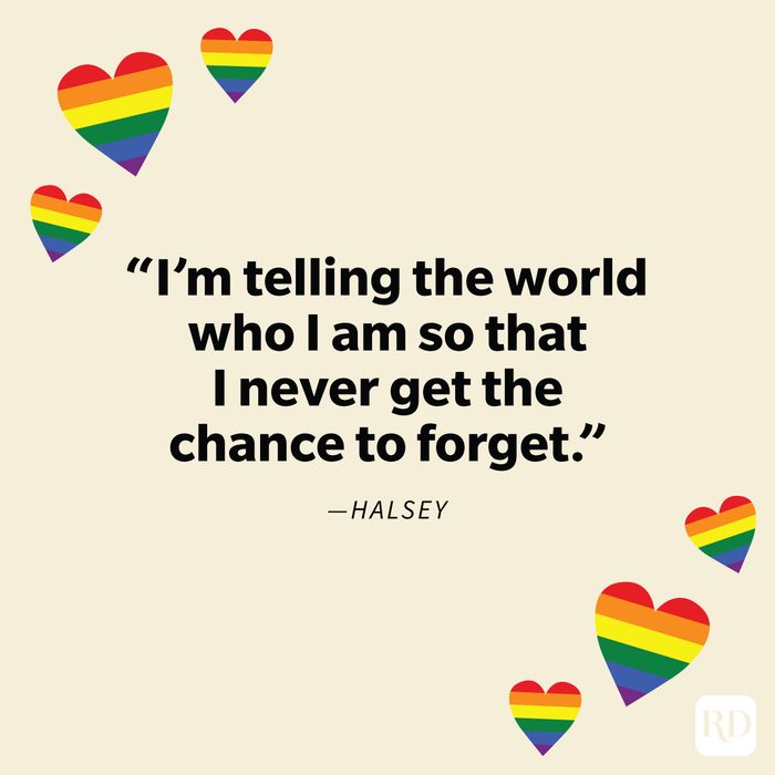 Inspiring Lgbtq+ Quotes To Celebrate Pride Every Day on orange background with pride flag in hearts