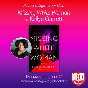 Book cover displayed with an author's portrait; text promotes a Reader's Digest Book Club discussion on June 27 and provides a Facebook group link.