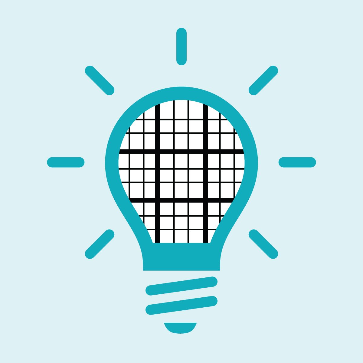 Lightbulb icon represents ideas, featuring grid pattern inside, surrounded by radiating lines, set against a light blue background.