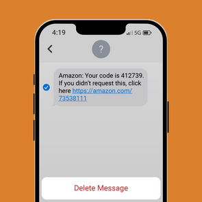 A smartphone displays a suspicious message claiming to be from Amazon, including a code and a suspicious link, with 