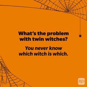 Text displays a joke against an orange background, with spider webs and a small spider hanging in the corners.