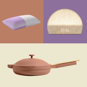 A purple-white pillow floats on caramel; beige clock shows 10:36 on purple; pink pan with lid sits on pale background.