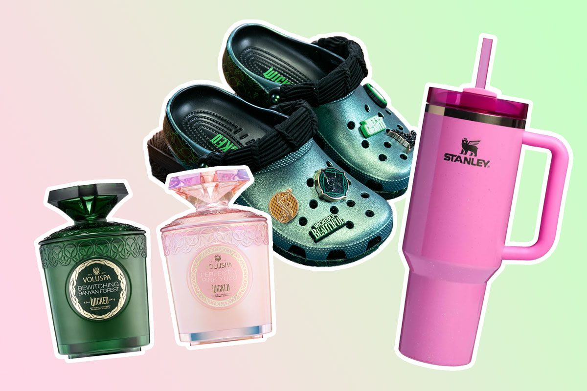 Shoes embellished with pins and perforated design float with green Voluspa candles and a pink Stanley mug against a pastel gradient background.