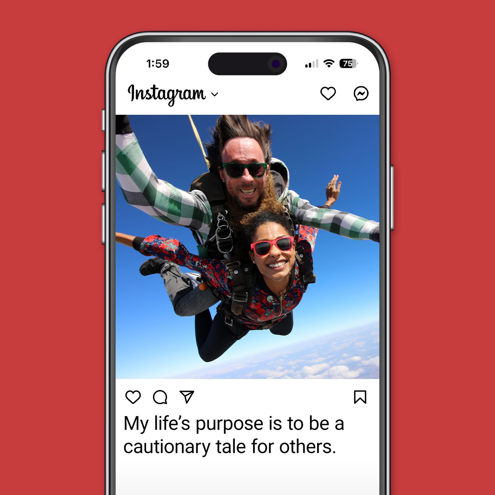 Best Selfie Captions For Gram Worthy Pictures Instagram app on red background Tandem parachute jump woman