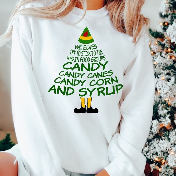Sweatshirt displaying text in tree shape; reads, 