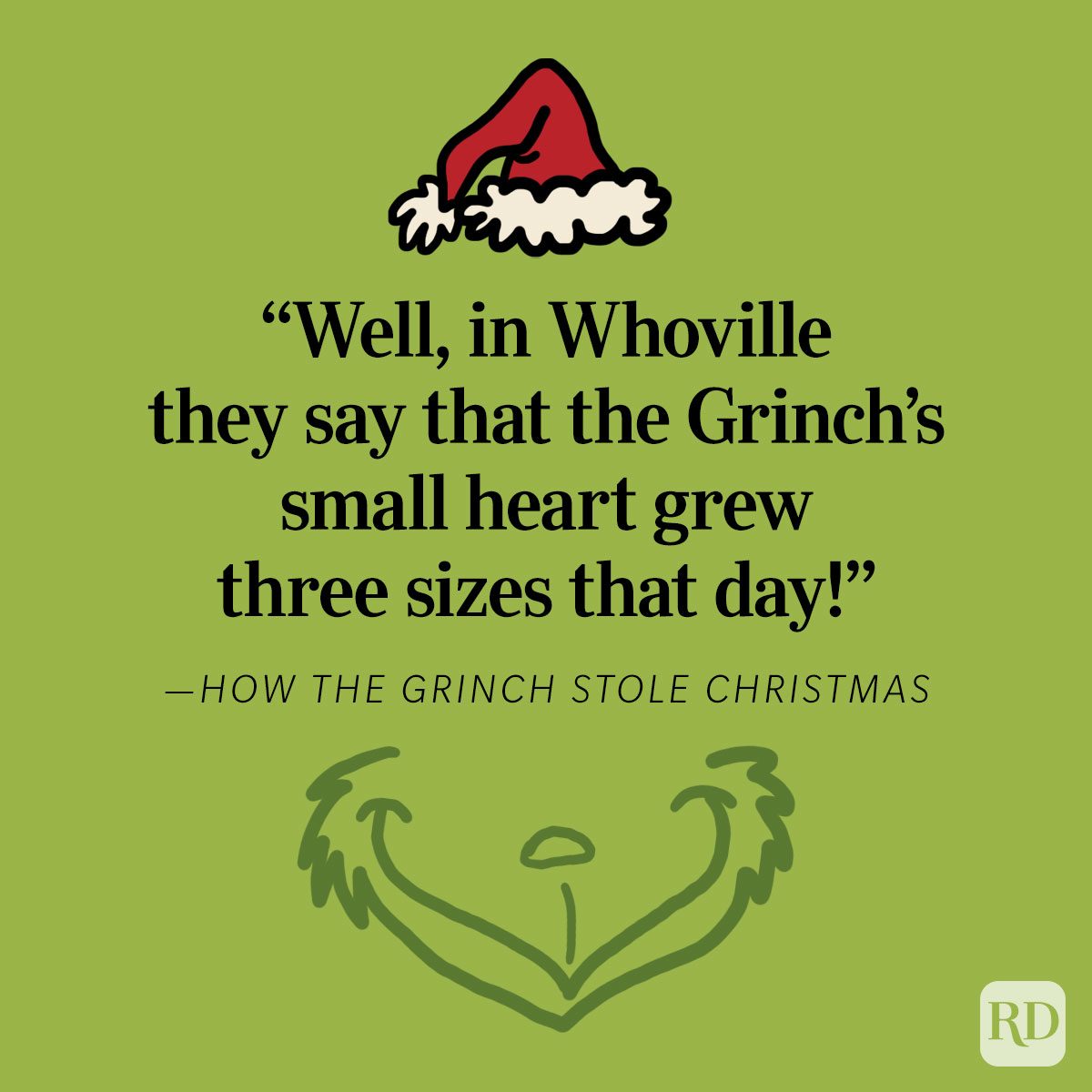 Santa hat rests above text describing the Grinch's heart growing, with a minimalist Grinch face outline on a green background.