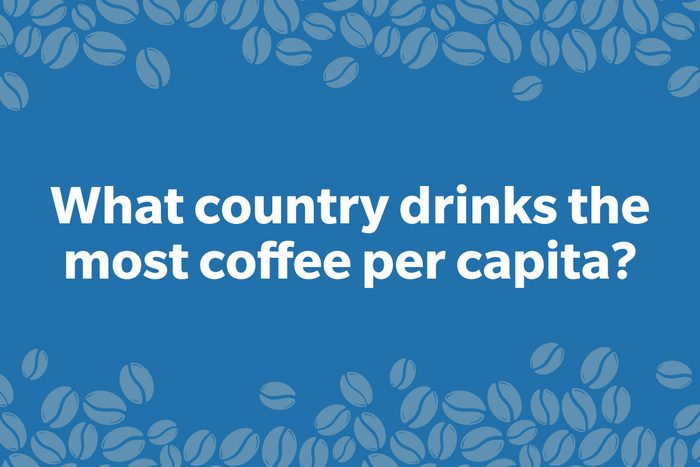 Coffee Trivia Question on a frame of coffee beans graphic dark blue