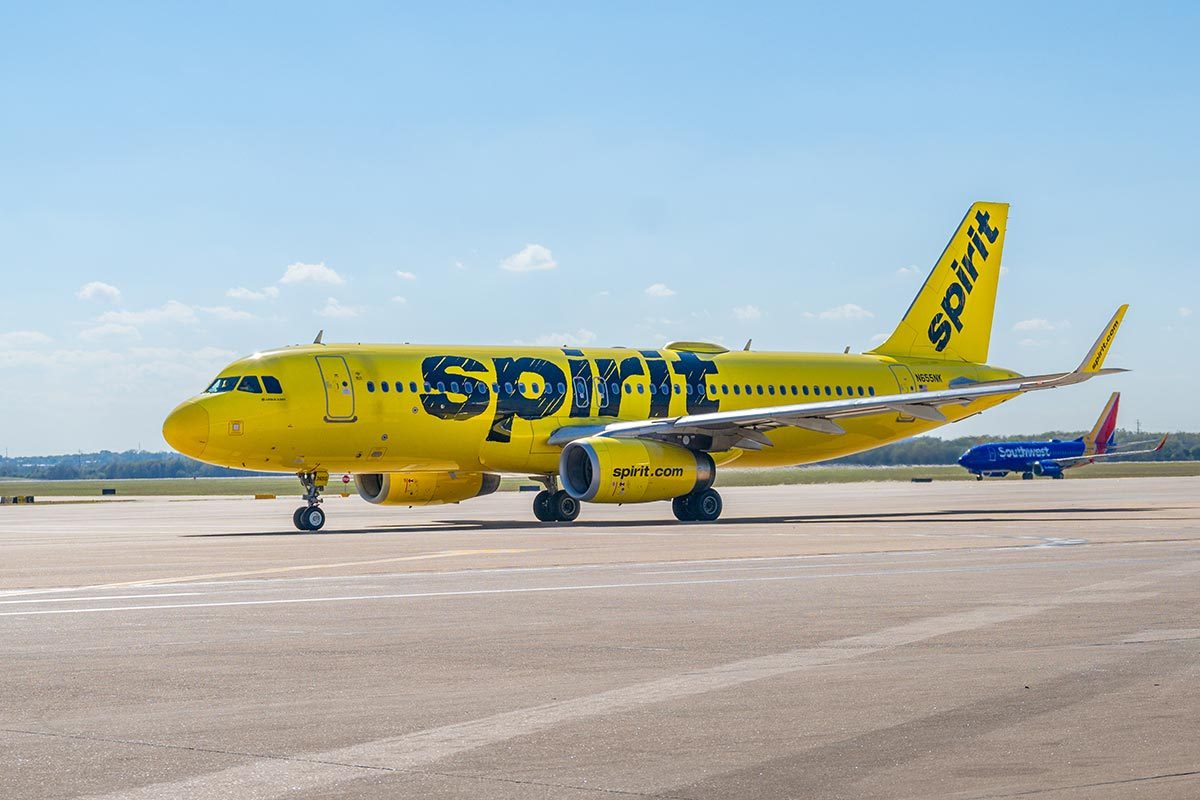 A Spirit Airlines aircraft prepares to depart from the Austin-Bergstrom International Airport