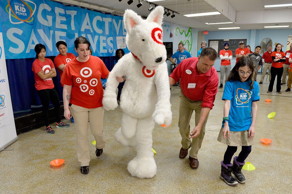 Target mascot, Bullseye and students Celebrate the Impact of Local Kids Getting Active and Saving Lives with UNICEF Kid Power Boston on March 28, 2016 in Boston, Massachusetts