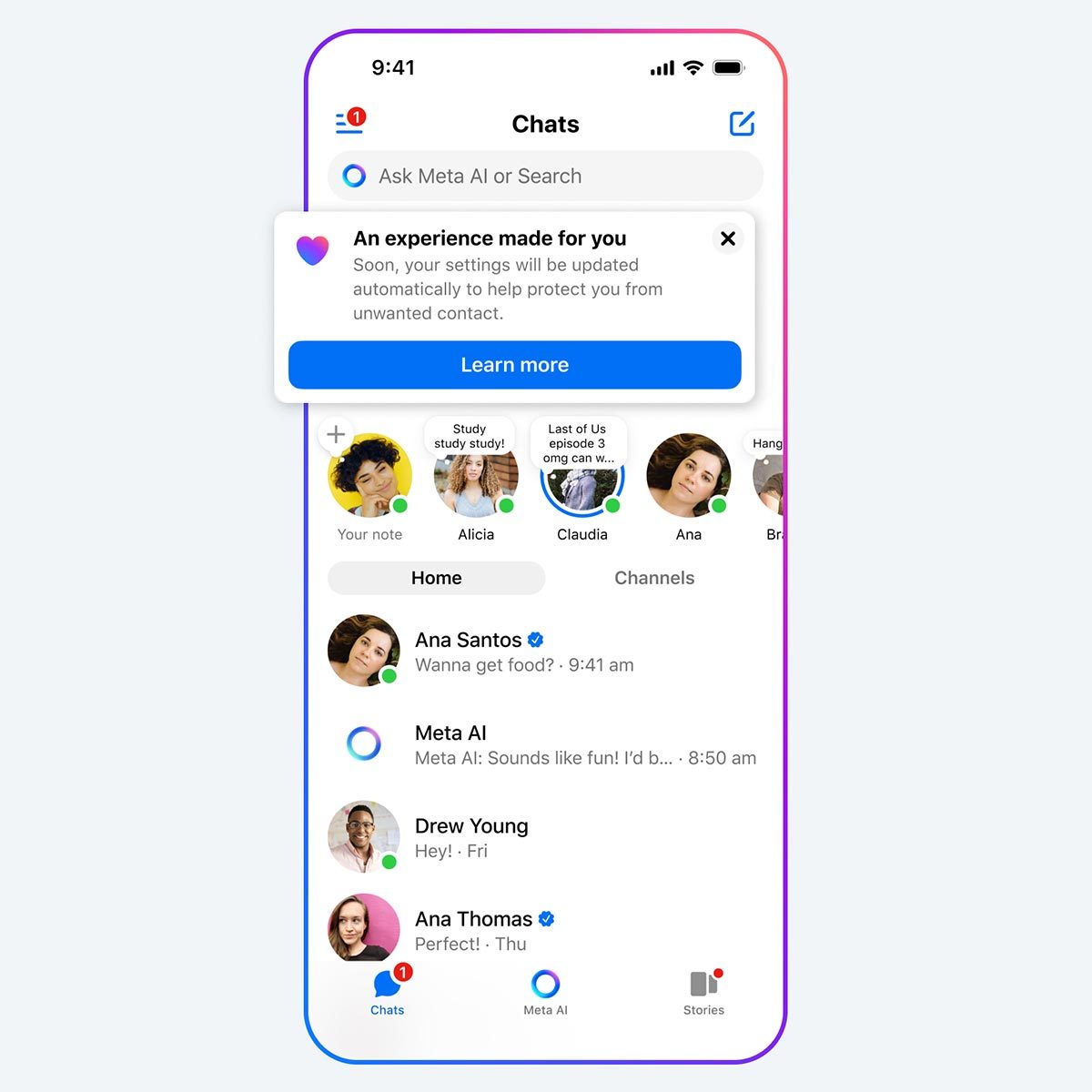 Screenshot of Facebook messenger for teens with a pop up emphasizing that some features will be disabled